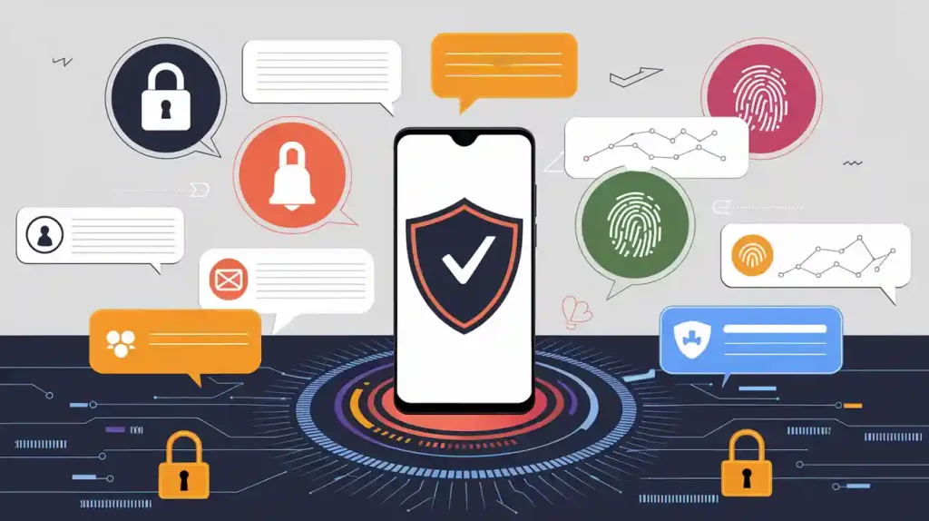 a cellphone with a shield on the screen