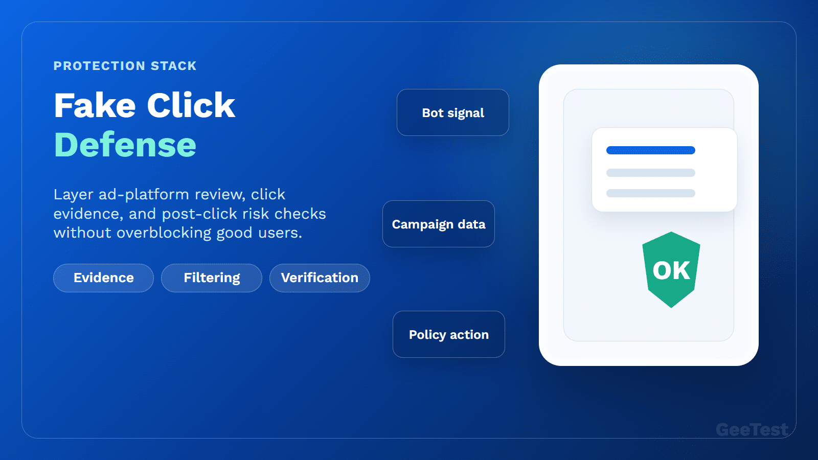 Blue product-security click fraud protection cover showing fake-click signals, device risk, and policy action