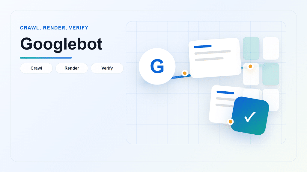 Minimal geometric cover showing Googlebot crawl routes, rendered page surfaces, search indexing signals, and identity verification.