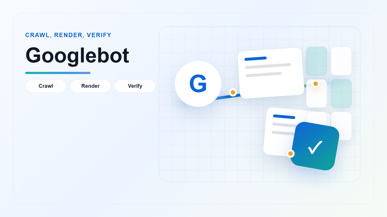 Minimal geometric cover showing Googlebot crawl routes, rendered page surfaces, search indexing signals, and identity verification.