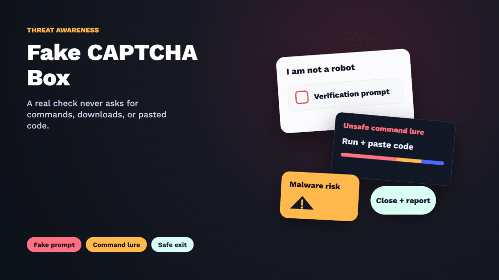 Fake CAPTCHA box scam warning visual with fake prompt, command lure, and malware cues