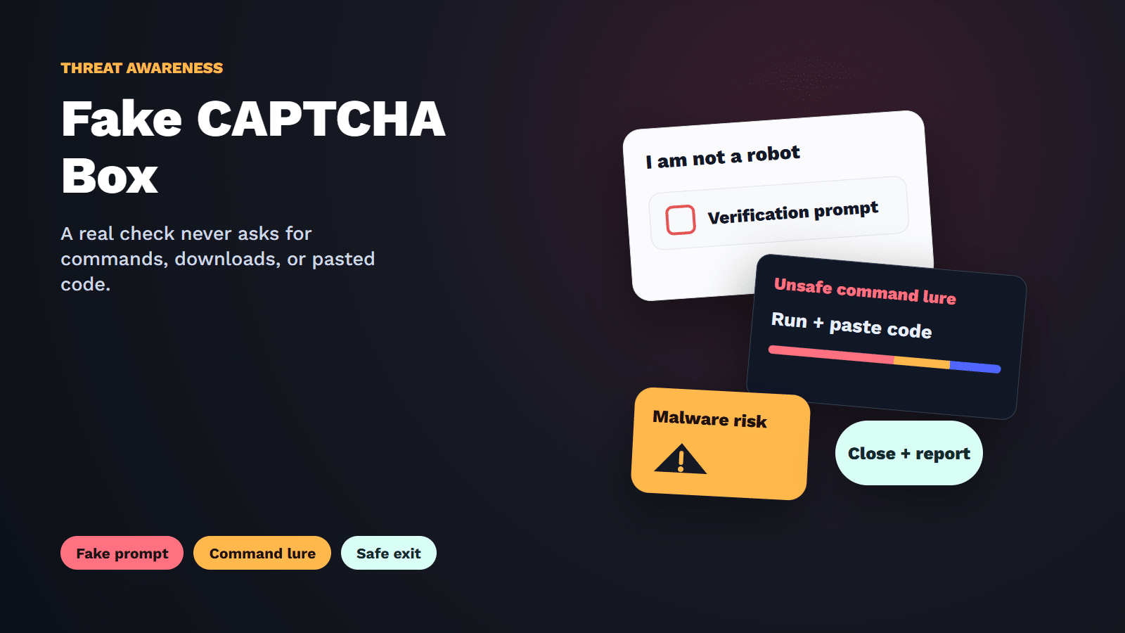 Fake CAPTCHA box scam warning visual with fake prompt, command lure, and malware cues