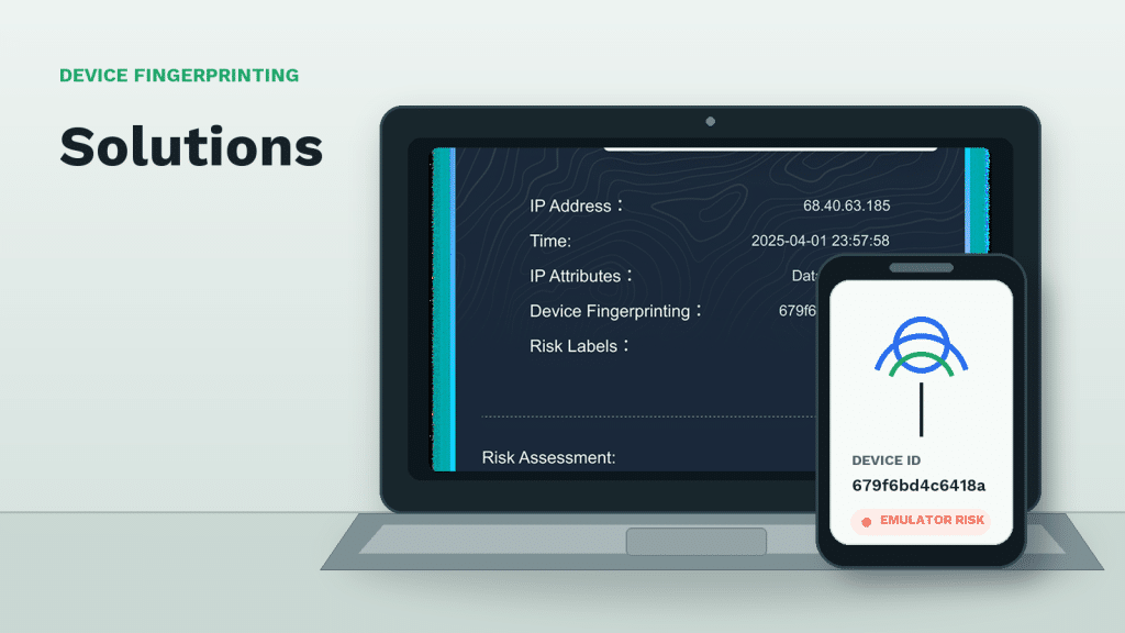 Laptop and smartphone displaying device fingerprint identifiers and risk labels.