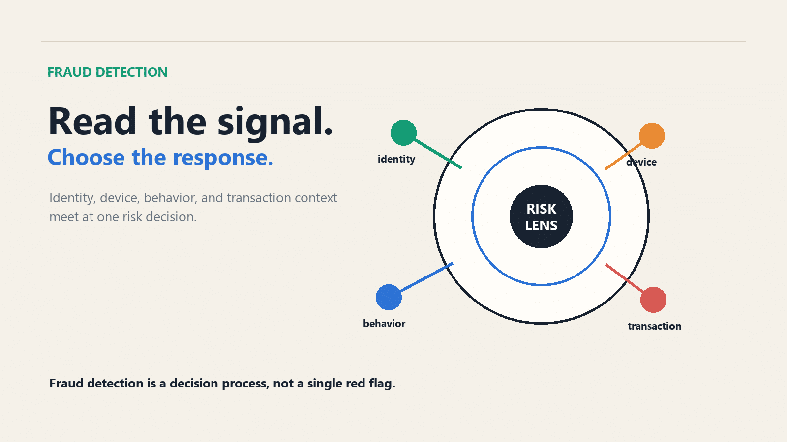 Fraud detection cover showing a risk lens receiving identity, device, behavior, and transaction signals.