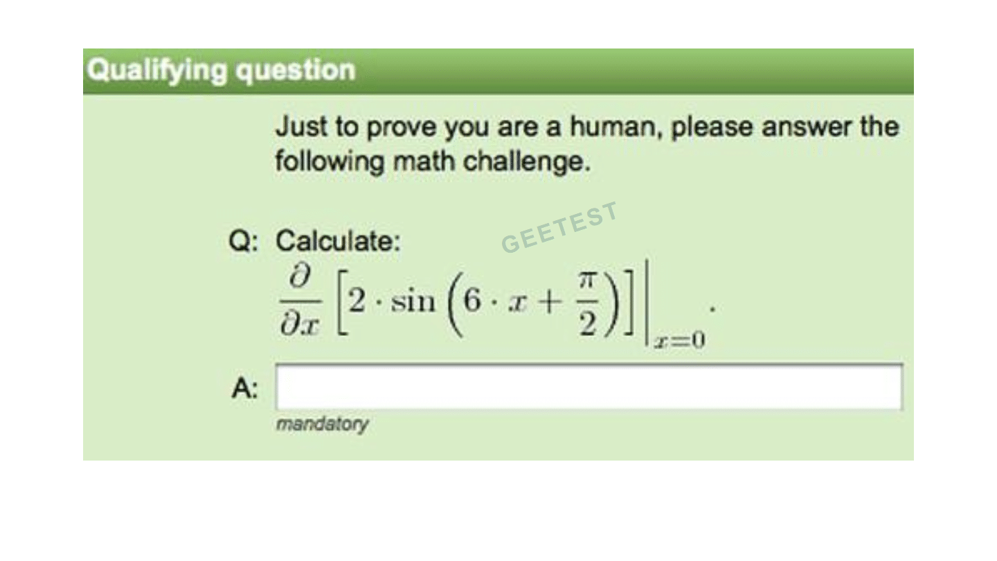 Example of a calculus-style math CAPTCHA challenge in a web form