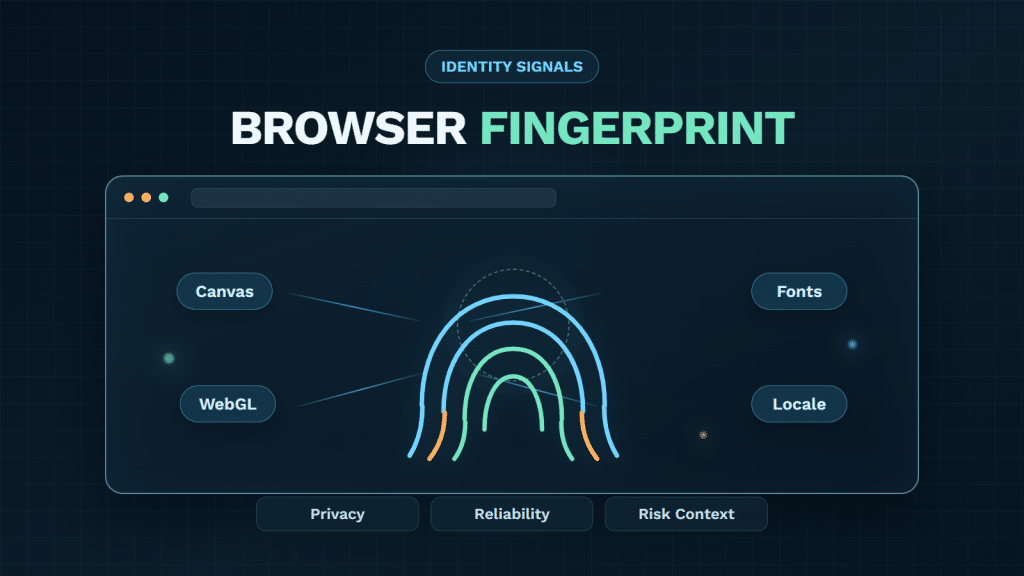 Browser fingerprint illustration connecting Canvas, WebGL, fonts, and locale signals