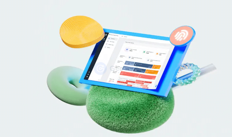 GeeTest device-risk dashboard illustration with fingerprint icons and abstract device elements
