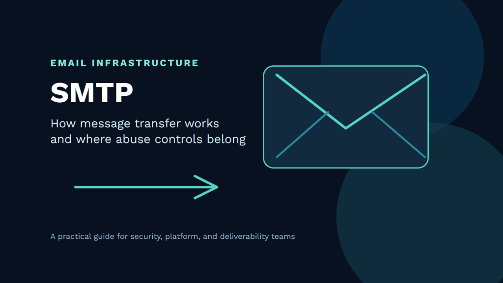 SMTP email infrastructure cover with an envelope and message-transfer arrow