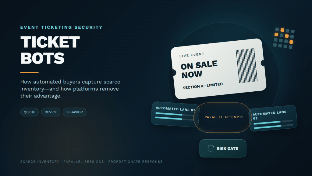 Ticket bot defense cover showing automated purchase lanes, scarce inventory, and a security risk gate