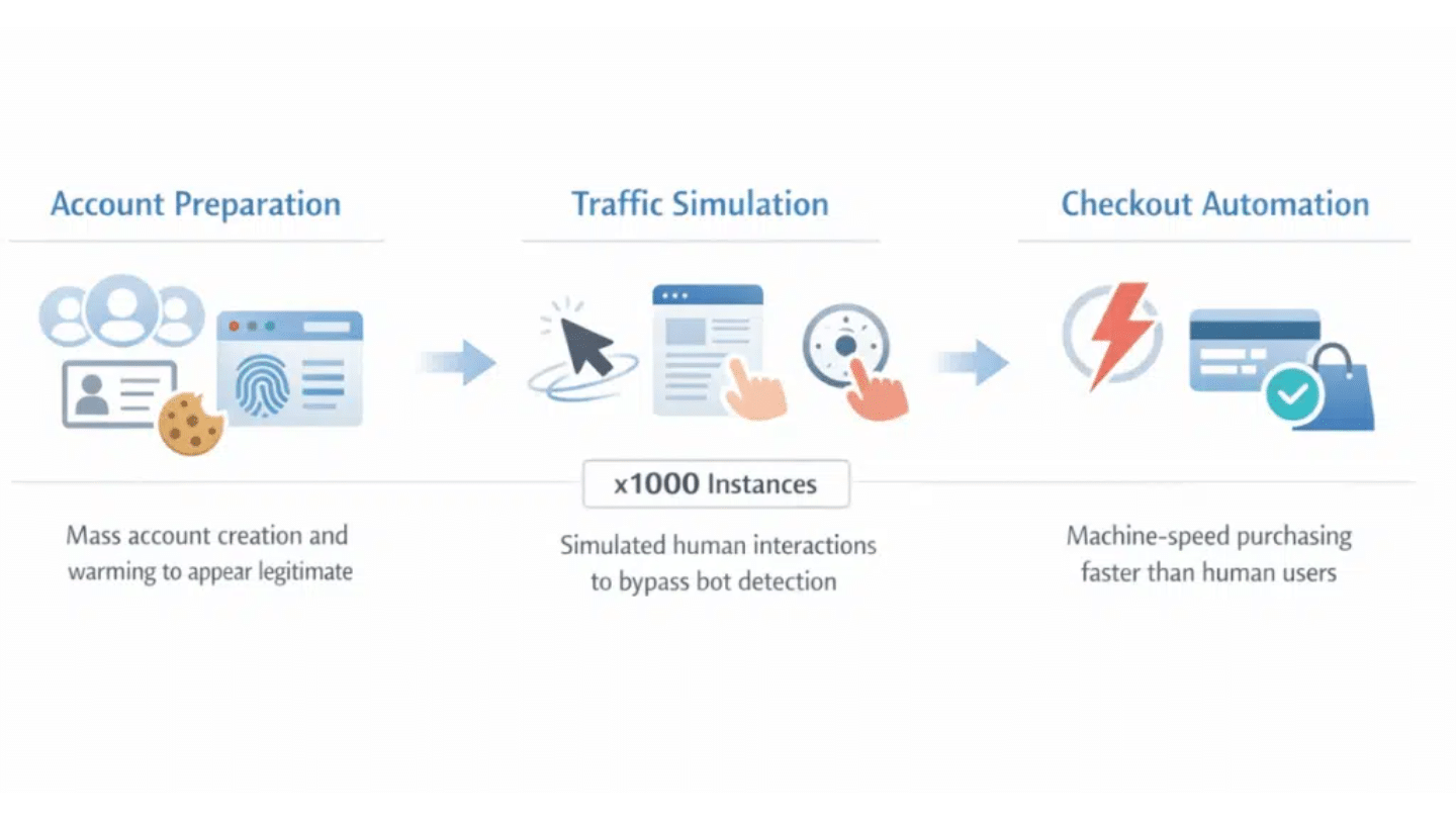 Three-stage ticket bot workflow showing account preparation, simulated browser traffic, and automated checkout